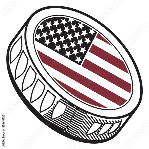 Vector illustration black and white line art illustration of a round coin or medallion featuring the american flag design on its face