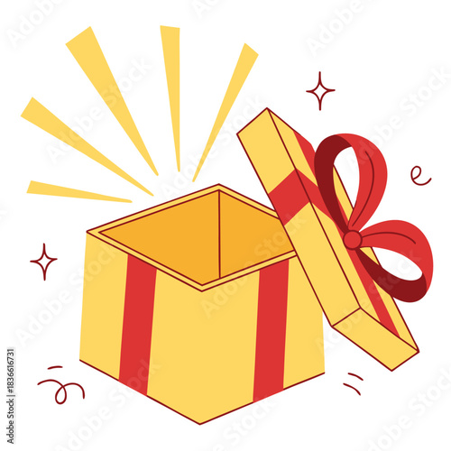 Vector illustration cute illustration of an open yellow gift box with a red ribbon