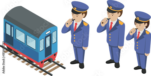 Isometric illustration of train conductors blowing whistles, railway staff teamwork, transportation safety concept, metro carriage, railroad workers, professional uniform figures