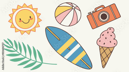 Vector illustration cute cartoon collection of summer vacation and beach icons including sun, surfboard, ice cream, camera, beach ball, and leaf