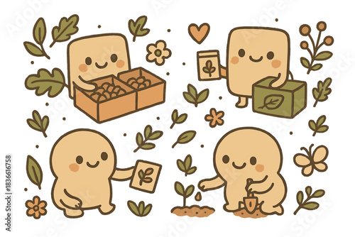 Four cartoon characters are holding plants and gardening tools