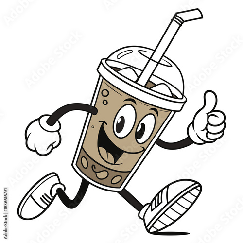 Vector illustration cartoon mascot of a happy boba tea drink running and giving a thumbs up