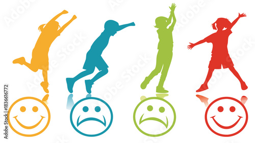 Vector illustration silhouettes of four children jumping and posing with corresponding happy and sad smiley face icons