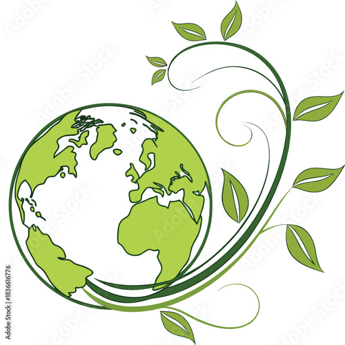Vector illustration green earth globe with growing plant vine and leaves symbolizing environmental protection and nature