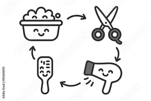 Cartoon drawing of a hair care routine with a brush, comb, scissors