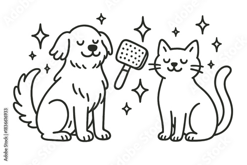 Two cartoon dogs and a cat are sitting next to each other