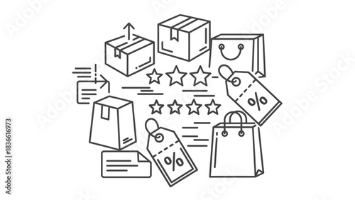 Shopping bags boxes delivery percentage tags stars rating online commerce retail sales promotion vector design