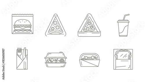 Food delivery burger pizza salad sandwich drink cutlery meal takeout lunch dinner order service vector icons