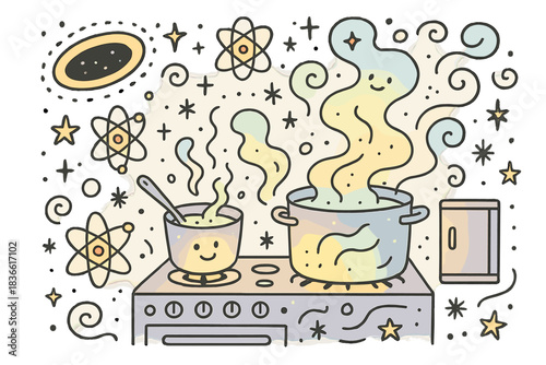Cartoon drawing of a pot of boiling water on a stove with a smiling face next