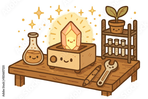 Cartoon drawing of a lab table with a toaster oven, a vase, and a plant