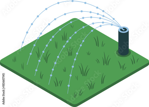 Isometric lawn sprinkler system watering green grass, irrigation equipment, garden maintenance, outdoor landscaping tool, water spray pattern for yard care