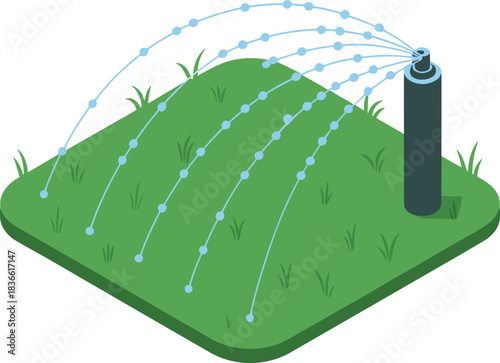 Isometric lawn sprinkler system watering green grass, irrigation equipment, garden maintenance, outdoor landscaping tool, water spray pattern for yard care