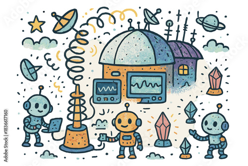 Drawing of robots working on a project