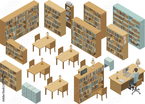 Isometric library interior with bookshelves, reading tables, desk, librarian, furniture, study area, educational space, detailed illustration for design resources