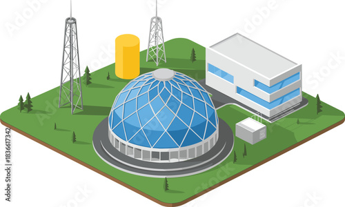 Isometric modern research facility with geodesic dome, laboratory building, communication towers, green landscape, scientific technology center illustration for concept design.