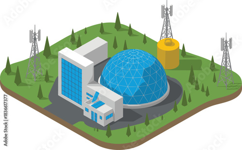 Isometric modern research facility with geodesic dome, laboratory building, communication towers, green landscape, scientific technology center illustration for concept design.