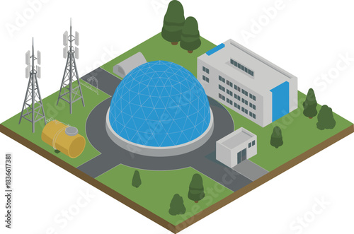Isometric modern research facility with geodesic dome, laboratory building, communication towers, green landscape, scientific technology center illustration for concept design.
