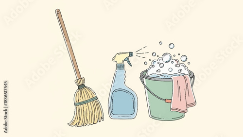 A hand-drawn vector illustration set of household cleaning tools, including a broom, spray bottle, and a soapy bucket with a rag for housekeeping chores