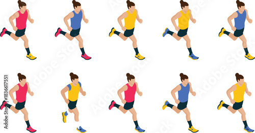 Isometric running athlete illustration set, colorful sports runner characters in motion, fitness training concept, jogging animation poses, active lifestyle graphics