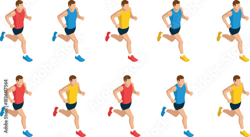 Isometric running athlete illustration set, colorful sports runner characters in motion, fitness training concept, jogging animation poses, active lifestyle graphics