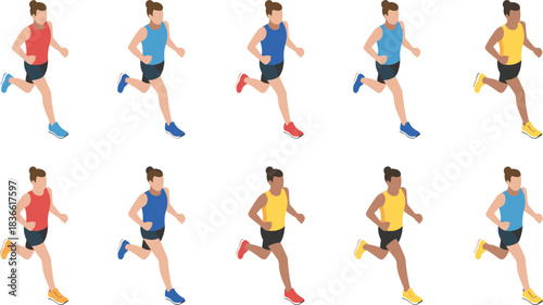 Isometric running athlete illustration set, colorful sports runner characters in motion, fitness training concept, jogging animation poses, active lifestyle graphics
