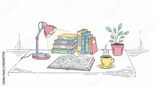 Cozy and productive desk setup with a warm lamp illuminating books, a steaming cup of coffee, and a potted plant, perfect for reading, studying, or focused work