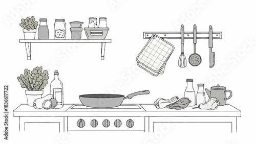 A hand-drawn sketch of a kitchen counter with a frying pan, fresh vegetables, and cooking utensils like a whisk ready for meal preparation