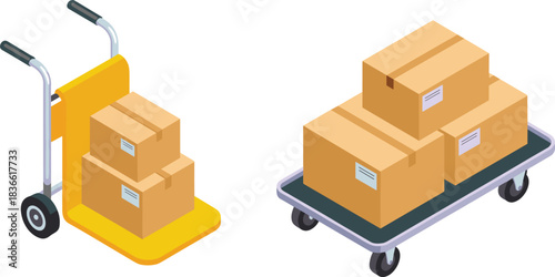 Isometric warehouse delivery scene with hand truck, platform cart, stacked shipping boxes, logistics equipment, cargo transportation tools for storage and distribution