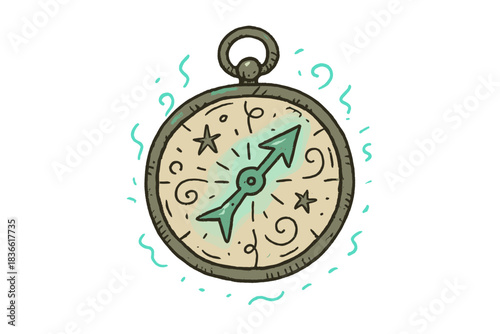 Cartoon drawing of a compass with a green arrow pointing to the right
