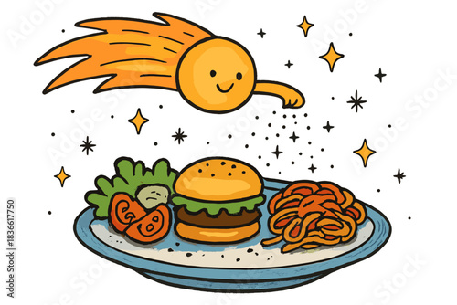 Cartoon of a smiling sun with a burger and a plate of food