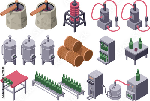 Isometric winemaking equipment illustration set featuring fermentation tanks, barrels, grape presses, bottling machines, conveyors, and wine production process elements