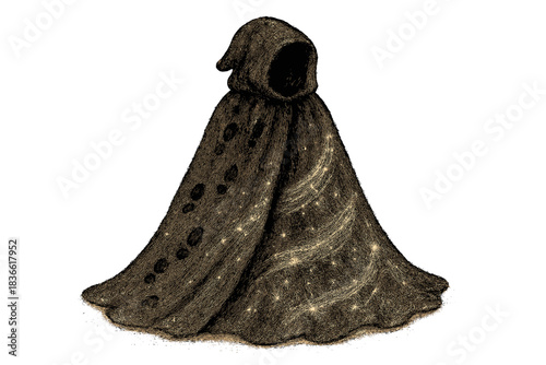 Hooded cloak with a hood is shown in a sepia tone