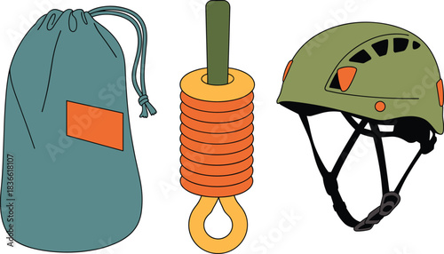 Minimalist vector illustration of climbing gear featuring backpack, climbing rope with carabiner, and protective helmet for outdoor adventure and mountaineering safety