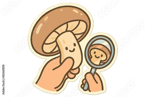 Cartoonish mushroom is holding a magnifying glass and looking at itself