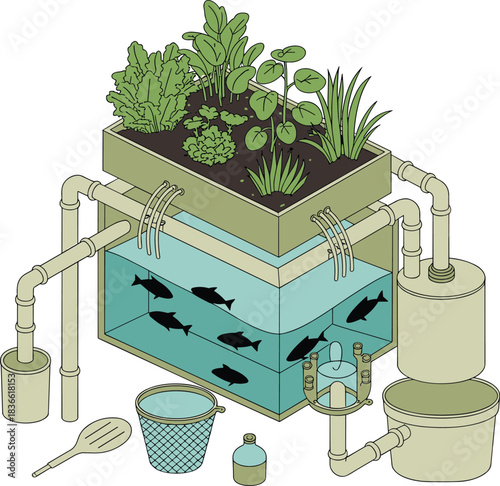 Modern aquaponics system illustration showing fish tank, water filtration, hydroponic grow bed, sustainable farming design, ecological agriculture concept diagram