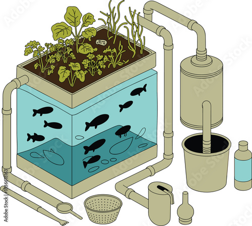 Modern aquaponics system illustration showing fish tank, water filtration, hydroponic grow bed, sustainable farming design, ecological agriculture concept diagram