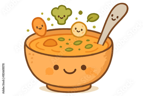 Cartoon bowl of soup with a spoon in it