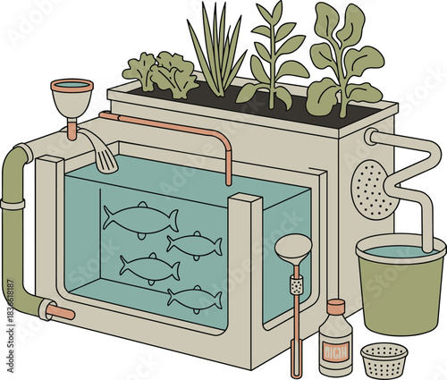 Modern aquaponics system illustration showing fish tank, water filtration, hydroponic grow bed, sustainable farming design, ecological agriculture concept diagram