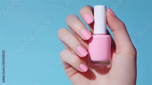 Perfectly painted nails showcase a vibrant pink polish against a bright blue background, highlighting the art of self-care and creativity