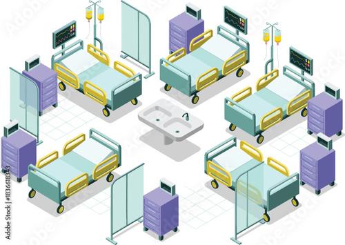 Modern isometric hospital ward interior with medical beds, monitors, IV stands, partitions, healthcare equipment, sterile environment, professional medical facility design
