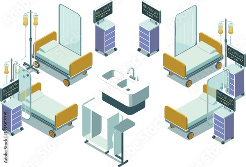 Modern isometric hospital ward interior with medical beds, monitors, IV stands, partitions, healthcare equipment, sterile environment, professional medical facility design