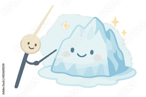 Cartoon character holding a fishing pole next to a large ice block