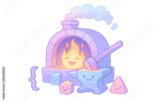 Cartoonish image of a fire in a brick oven with a hammer and anvil next to it