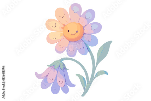 Cartoon flower with a smiling face and a group of faces on its petals