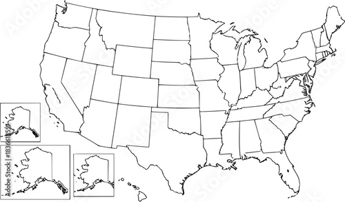 USA state Map and map outlines vector illustration, america map line drawings. Ideal for educational materials, travel content, graphic design projects. Detailed, accurately represented shapes