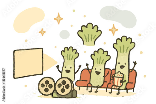 Three cartoon vegetables are sitting on a couch in front of a movie screen