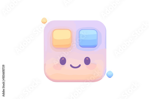 Cartoon face with a smiley mouth and two buttons on its forehead