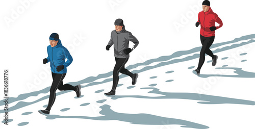 Winter running illustration, three athletes jogging in snow, cold weather fitness, outdoor training concept, active lifestyle artwork, endurance sports scene