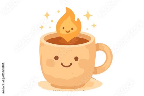 Cartoon cup with a smiling face and a fire on top of it