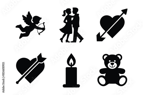Valentine s day icons cupid couple hearts candle and teddy bear